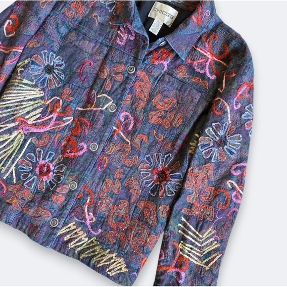 Chico's Denim Embroidered Boho Jacket Wearable Art Beaded Size XL /16 Maximalist - Picture 10 of 13